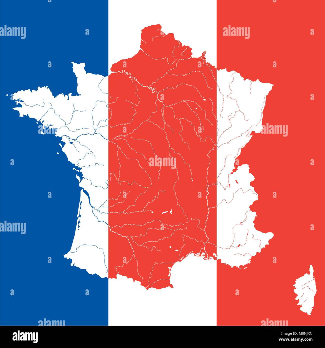 Der Umriß von Frankreich mit Flüssen auf die französische Flagge. Stock Vektor