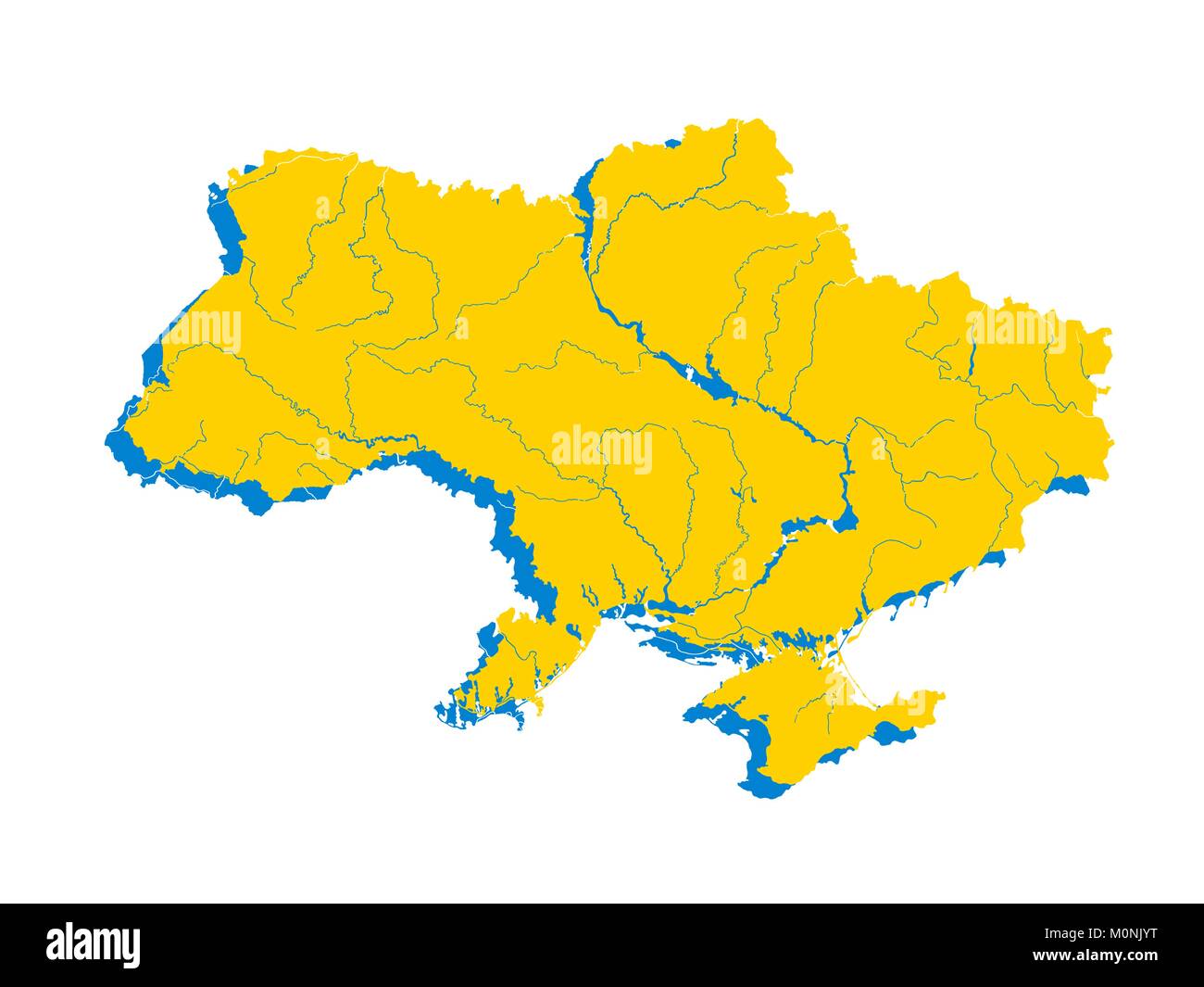 Karte von Ukraine in den Farben der ukrainischen Flagge. Flüsse werden angezeigt. Stock Vektor