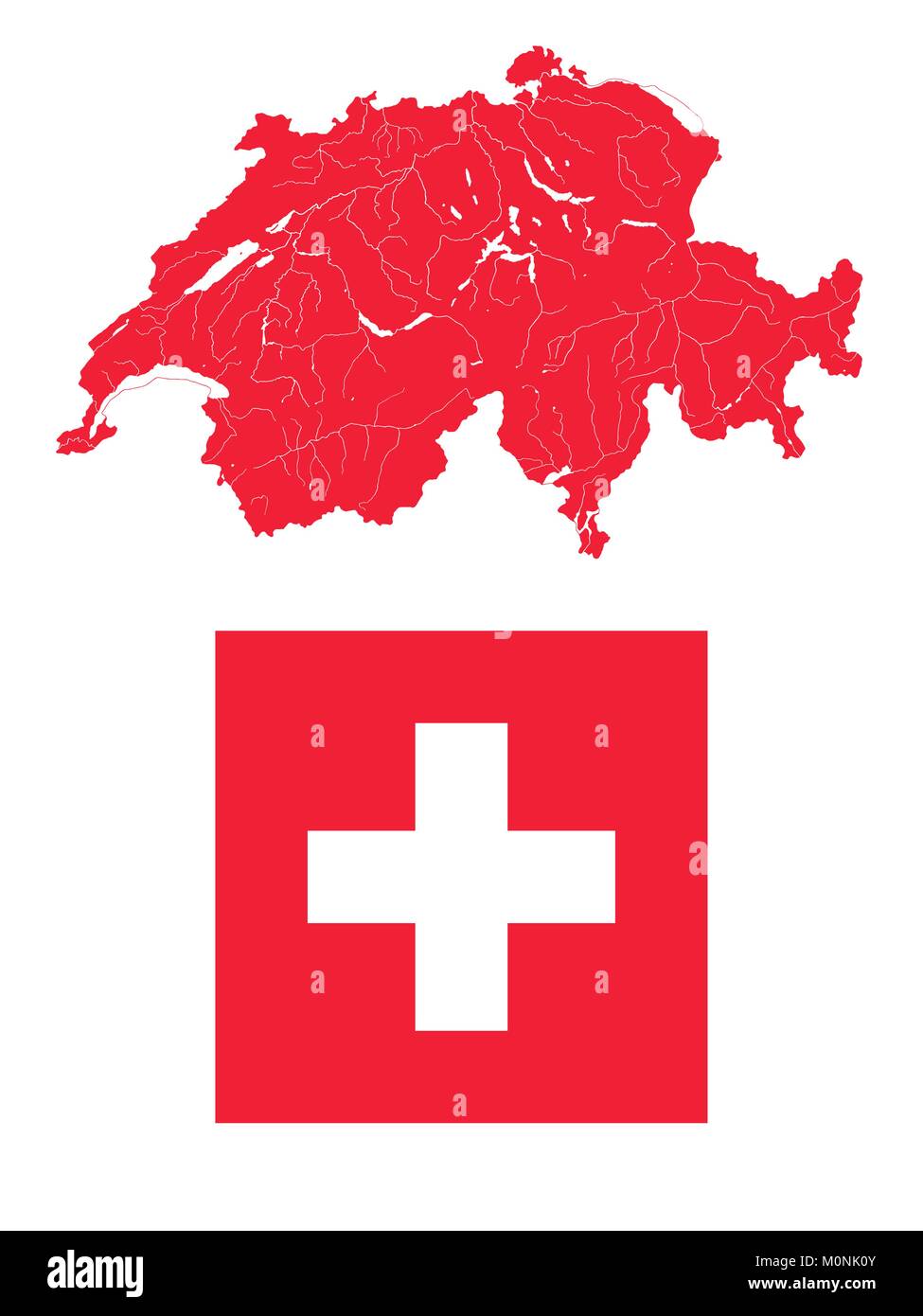 Natoinal Flagge der Schweiz und sehr detaillierte Übersicht Karte der Schweiz in den Farben der Schweizer Flagge. Design und Farben der Flagge korrekt sind. Flüsse ein Stock Vektor