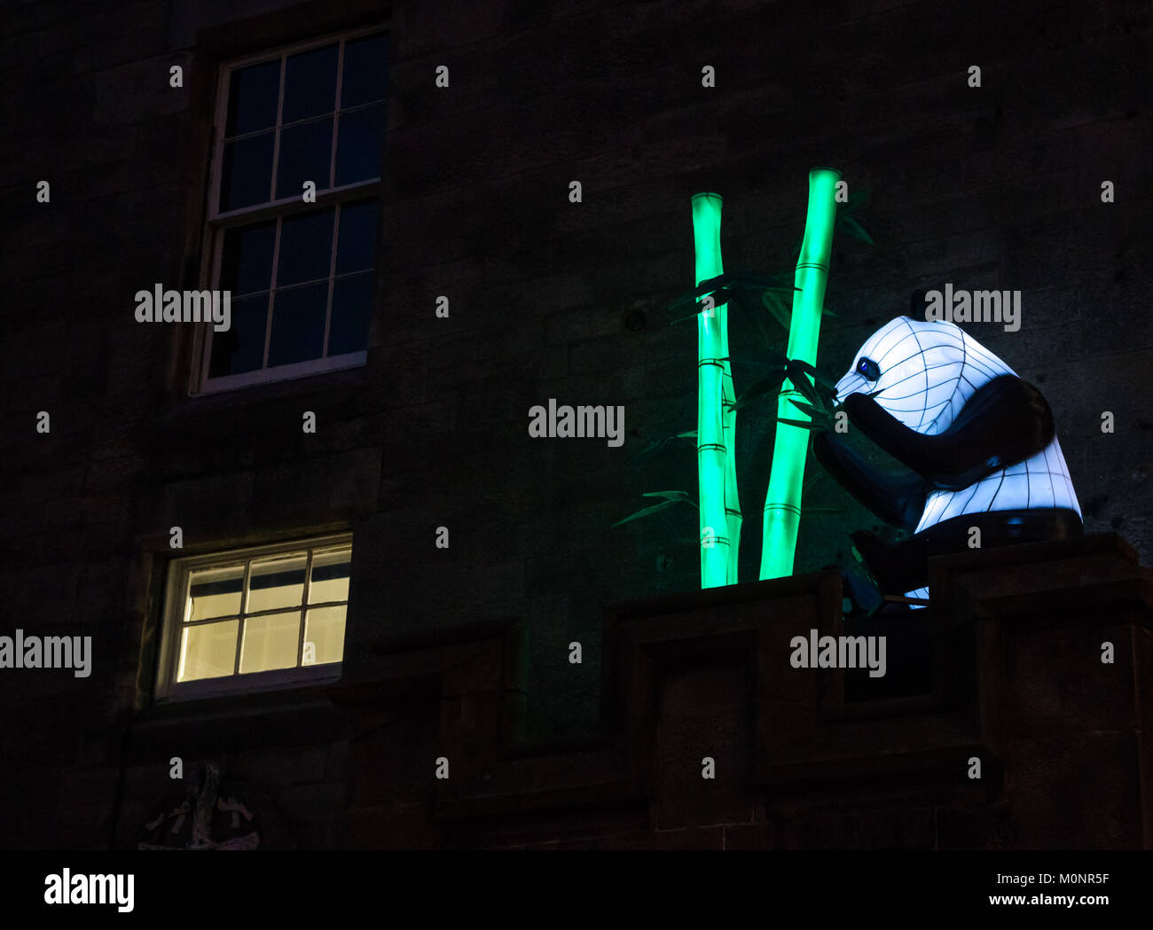 In der Nähe der bunten Panda und Bambus Laterne außerhalb Camera Obscura, Castlehill, Royal Mile, Edinburgh, Schottland, Großbritannien, nachts beleuchtet Stockfoto