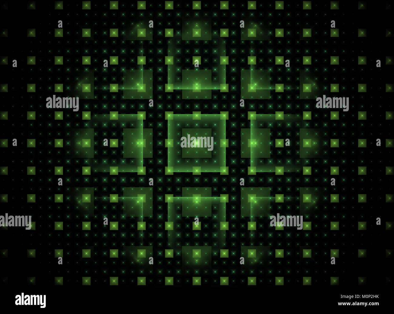 Abstrakt fractal tech Hintergrund mit grünen glänzenden Quadraten auf Schwarz Stockfoto