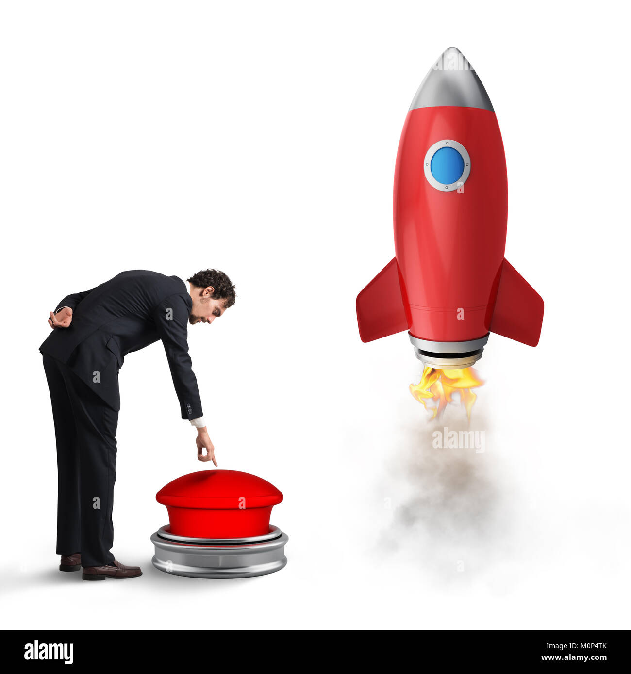 Geschäftsmann startet Rakete einen roten Knopf drücken. 3D-Rendering Stockfoto