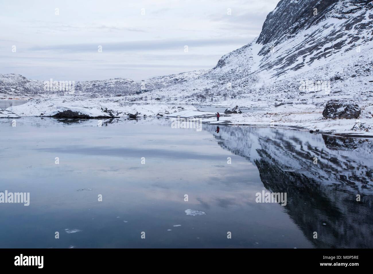Norwegen, Nordland, Lofoten, Flakstad Fjord im Winter Stockfoto