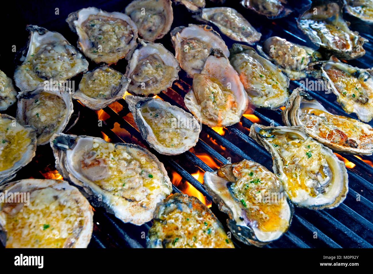 Usa, Louisiana, New Orleans, Austern zubereitet auf dem Grill sind eine wahre Delikatesse Stockfoto