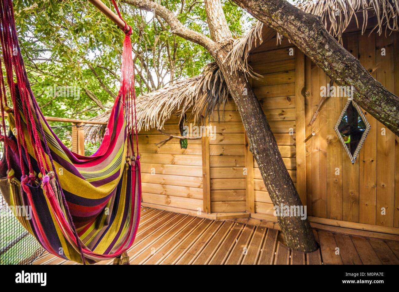 Frankreich, Karibik, Kleine Antillen, Guadeloupe, Basse-Terre, Vieux Habitants, auf den Höhen der Stadt, die Behausung Getz, alten kolonialen Haus umgewandelt in ein Bett und ein Frühstück mit seinen Häusern in den Bäumen, hier die Zoe shack Stockfoto