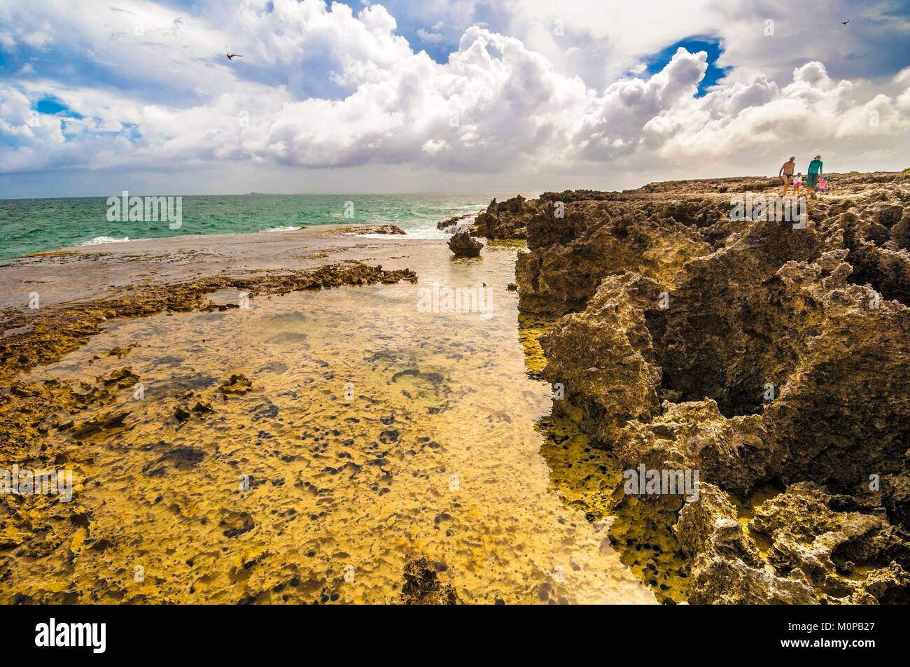 Frankreich, Karibik, Kleine Antillen, Guadeloupe, Insel La Désirade, Familie auf die zerfetzten Küste von Beauséjour Stockfoto