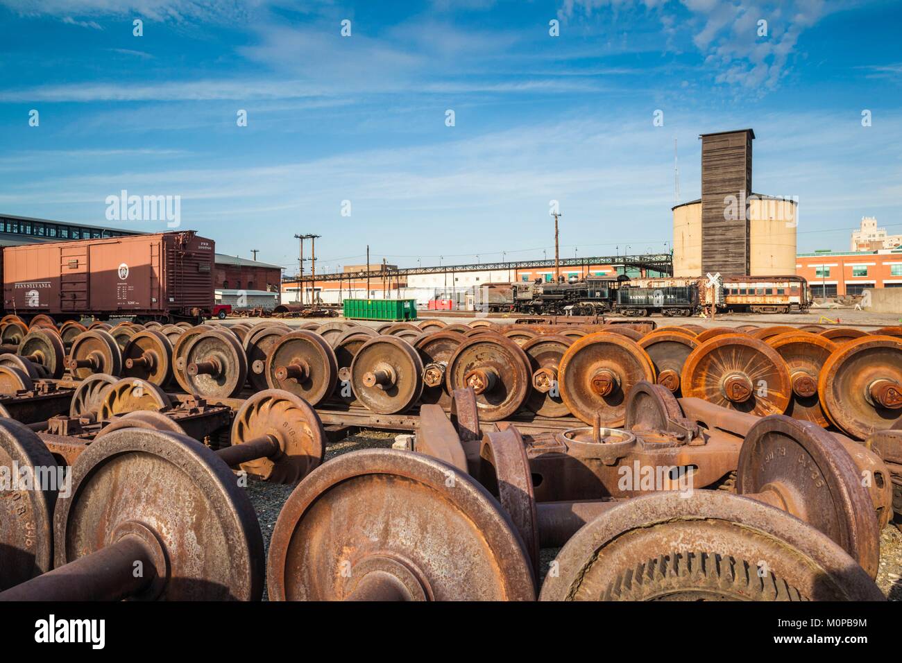 Usa, Pennsylvania, Scranton, Steamtown National Historic Site, Bahn Lkw und Räder Stockfoto