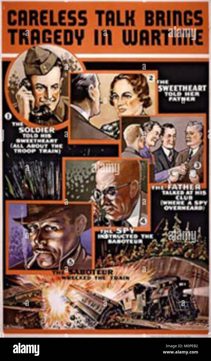 Ein Propaganda-Poster mit dem Titel *Unachtsames Gespräch bringt Tragödie in Kriegszeiten*, das die Wichtigkeit von Diskretion während des Krieges und die möglichen Folgen der Offenlegung sensibler Informationen betont. Stockfoto