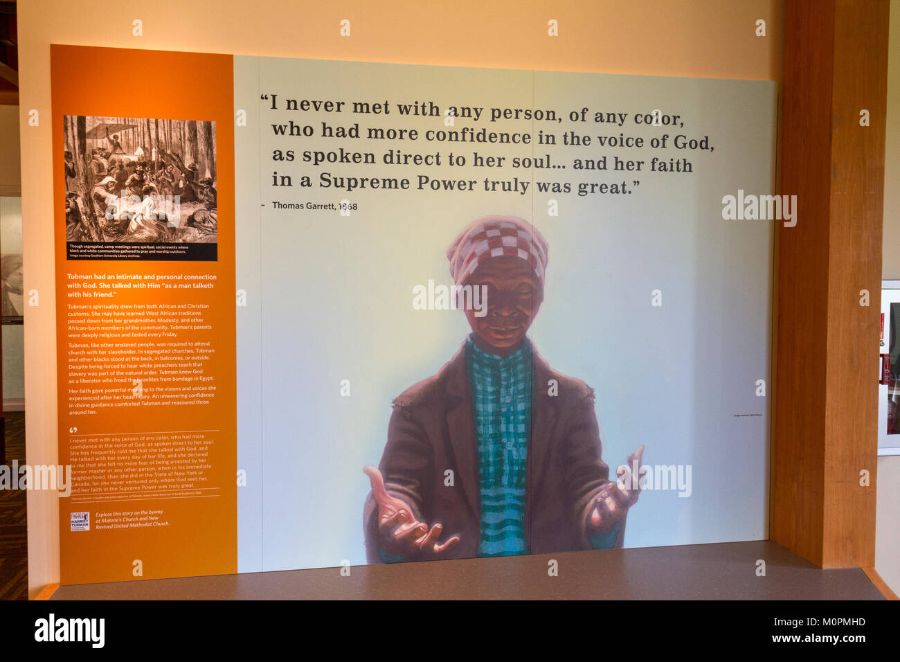 Zitat von Thomas Garrett über Harriet Tubman, Harriet Tubman Underground Railroad Visitor Centre, Kirche Creek, Maryland, Vereinigte Staaten. Stockfoto