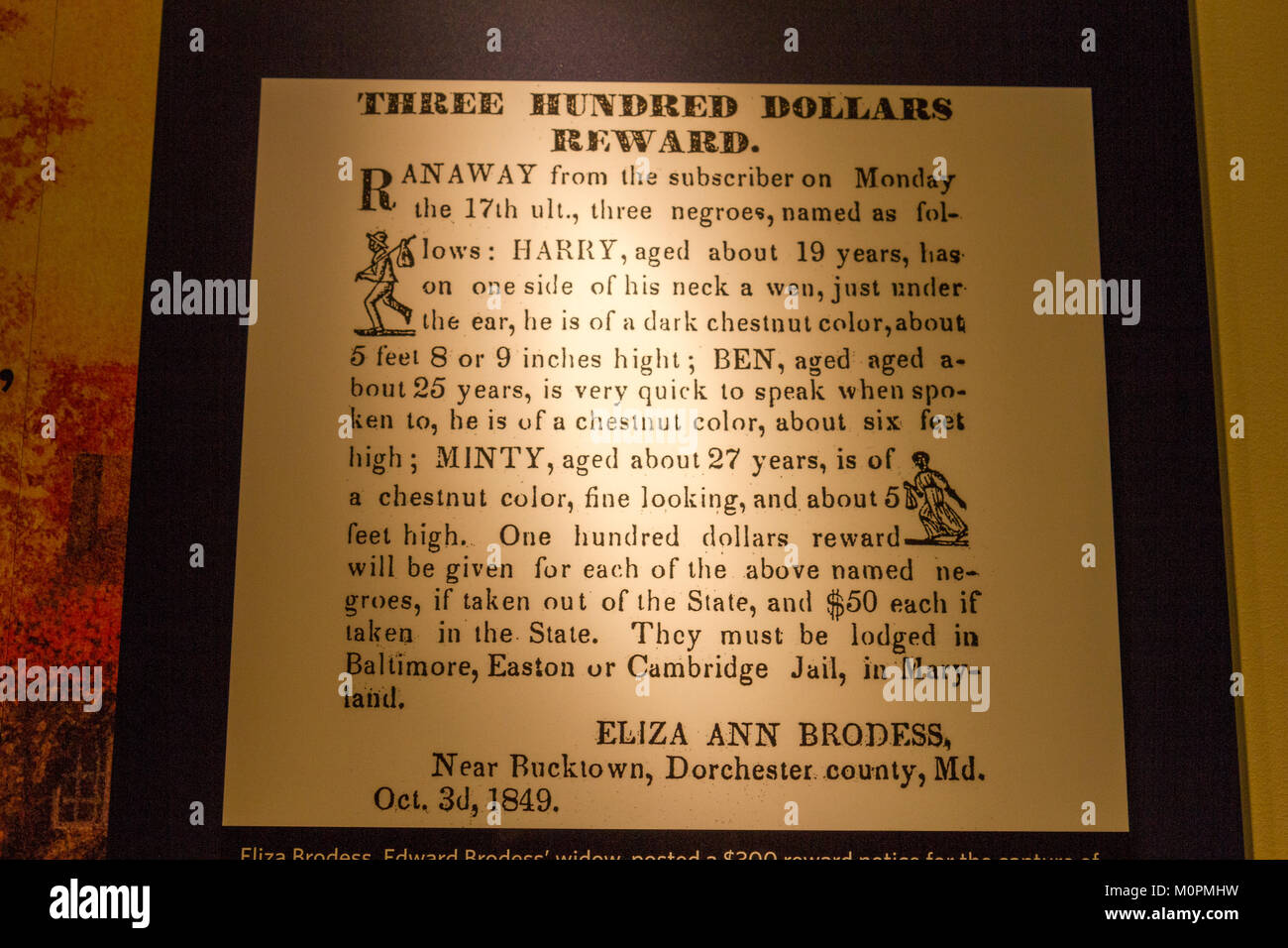 Zeitung Anzeige für fehlende Slaves einschließlich Harriet Tubman (MINZIG), Harriet Tubman Underground Railroad Visitor Centre, Kirche Creek, MD, USA. Stockfoto