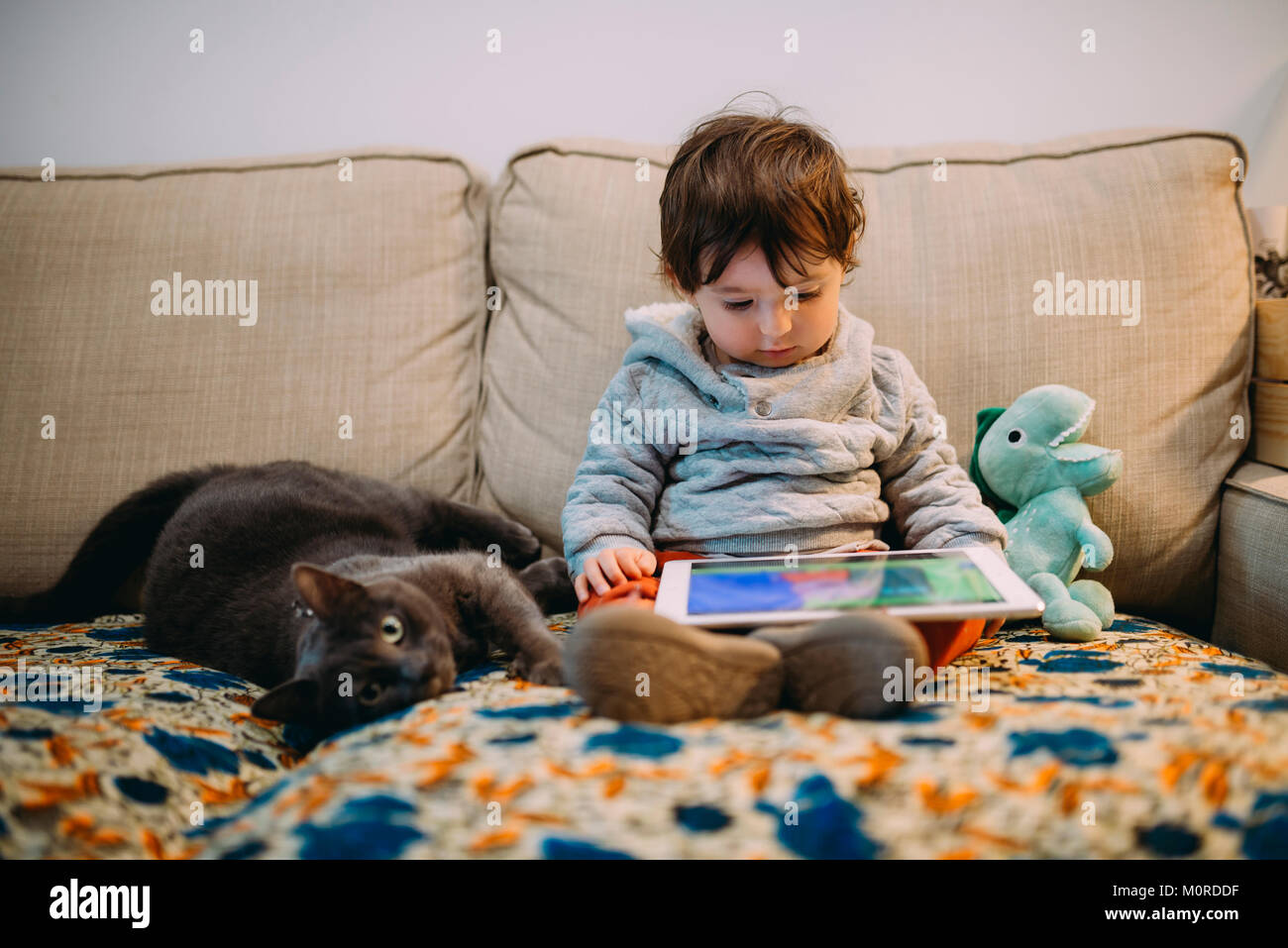 Baby Mädchen sitzen auf der Couch Videos auf einem Tablett mit einer Katze Stockfoto
