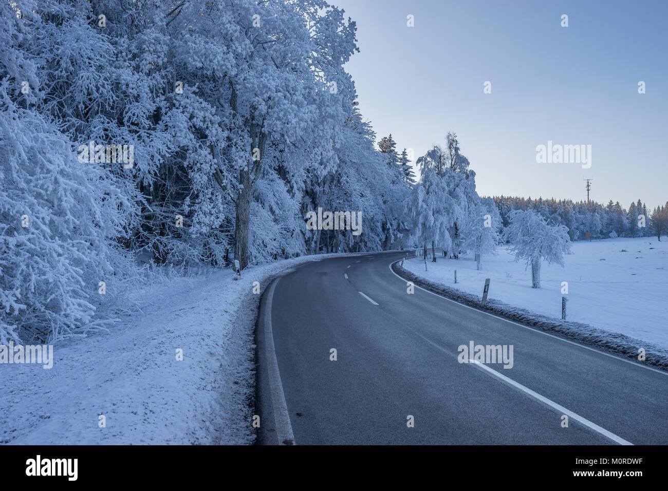 Deutschland, Sachsen-Anhalt, Schierke, Harz National Park, Land Straße im Winter Stockfoto