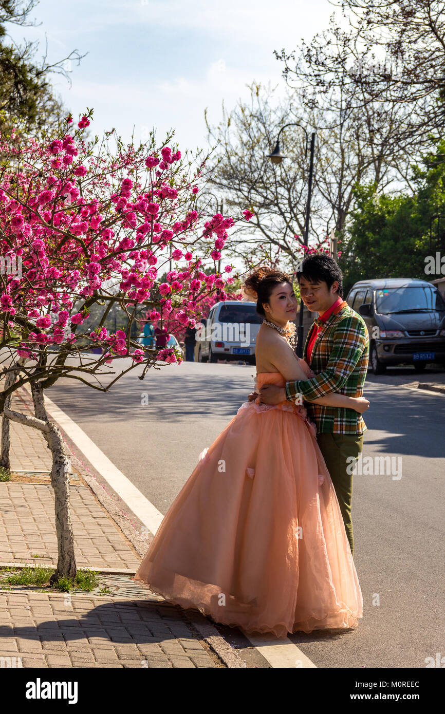 Mai 2013 - Qingdao, China - chinesische Paar gekleidet in Deutschen style Kleidung, Hochzeit Bilder, wenn die Straßen von Qingdao voller Blumen sind Stockfoto