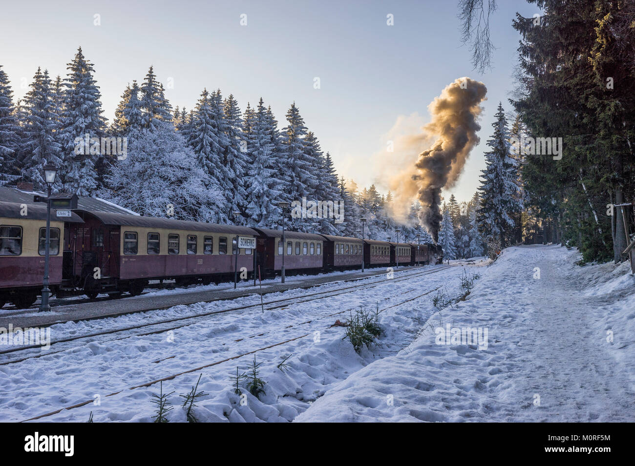 Deutschland, Sachsen-Anhalt, Schierke, Harz National Park, der Bahnhof Schierke, Brockenbahn im Winter Abend Stockfoto