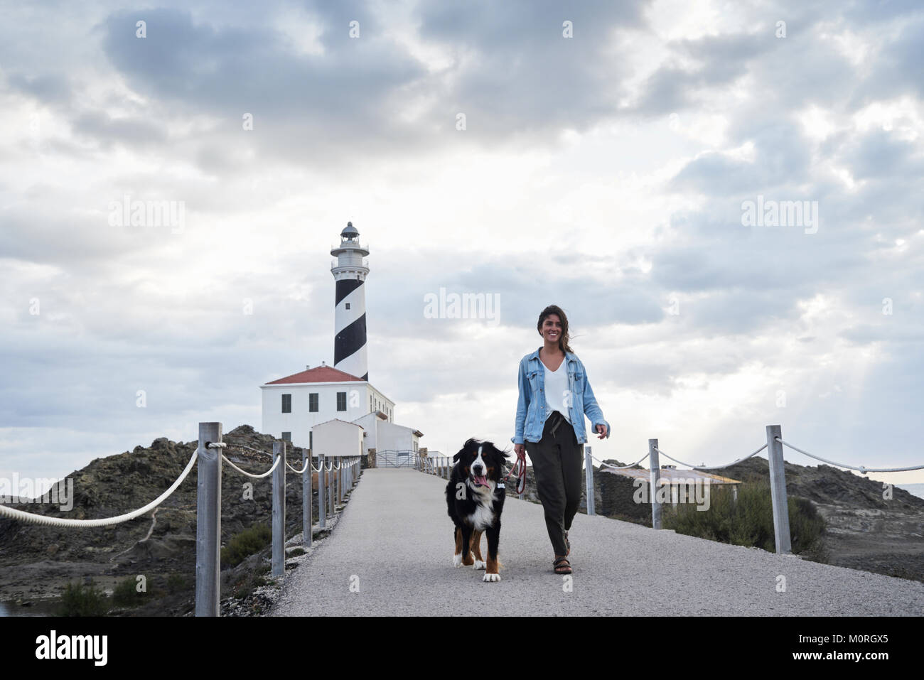 Berner Sennenhund zusammen mit seinem Besitzer im Freien rund um den Leuchtturm. Stockfoto