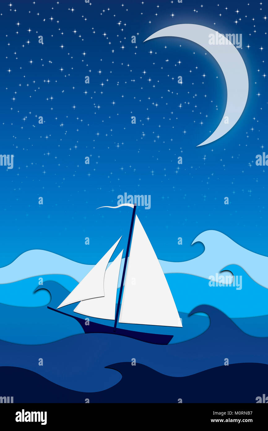 Segelboot im Sturm meer wellen, Mond und Sternen am Himmel. Stockfoto