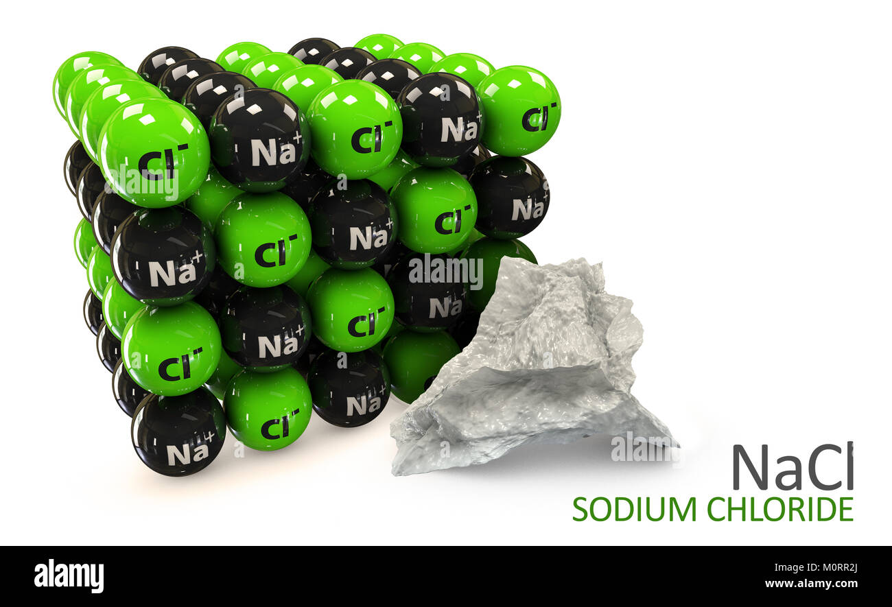 Natriumchlorid Steinsalz, Halit, Kochsalz, Kristallstruktur. Na Cl Stockfoto
