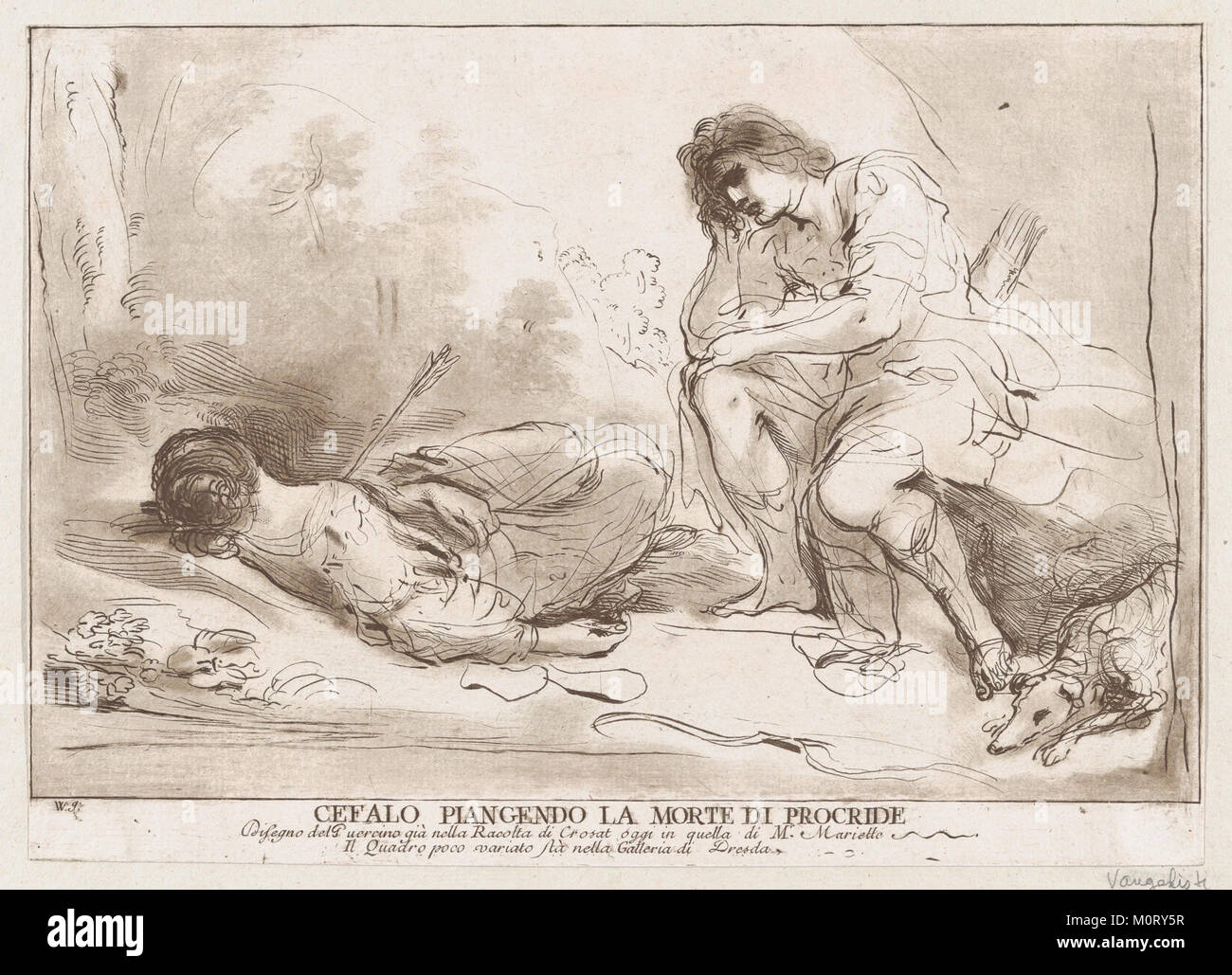 Cephalus und Procris ist eine klassische griechische mythologische Geschichte, die die tragische Geschichte von Cephalus und Procris darstellt, die in verschiedenen Kunstwerken dargestellt wird, wie dem Werk im Metropolitan Museum of Art Der Mythos beschäftigt sich mit den Themen Liebe, Verrat und Schicksal in der griechischen Mythologie. Stockfoto