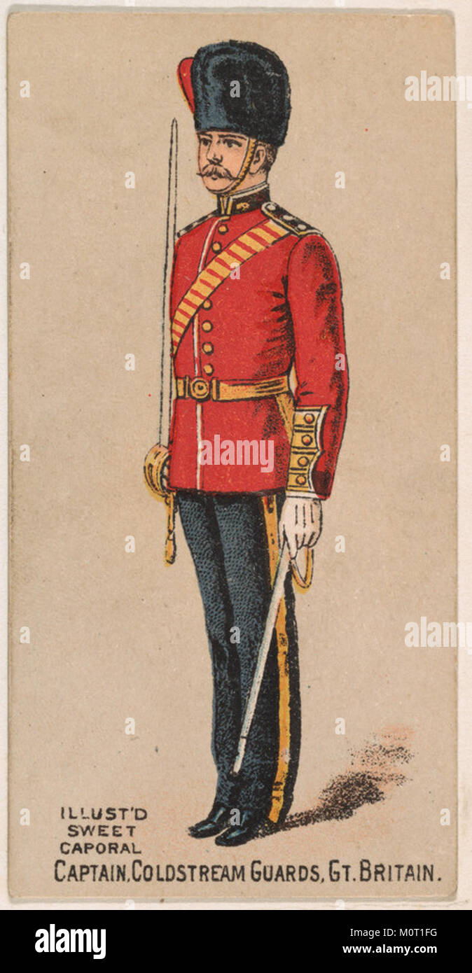 Dieses Porträt eines Captain von den Coldstream Guards in Großbritannien ist Teil einer Militärserie, die die Kinney Tobacco Company Anfang des 20. Jahrhunderts im Rahmen einer Zigarettenförderkampagne herausgab. Stockfoto