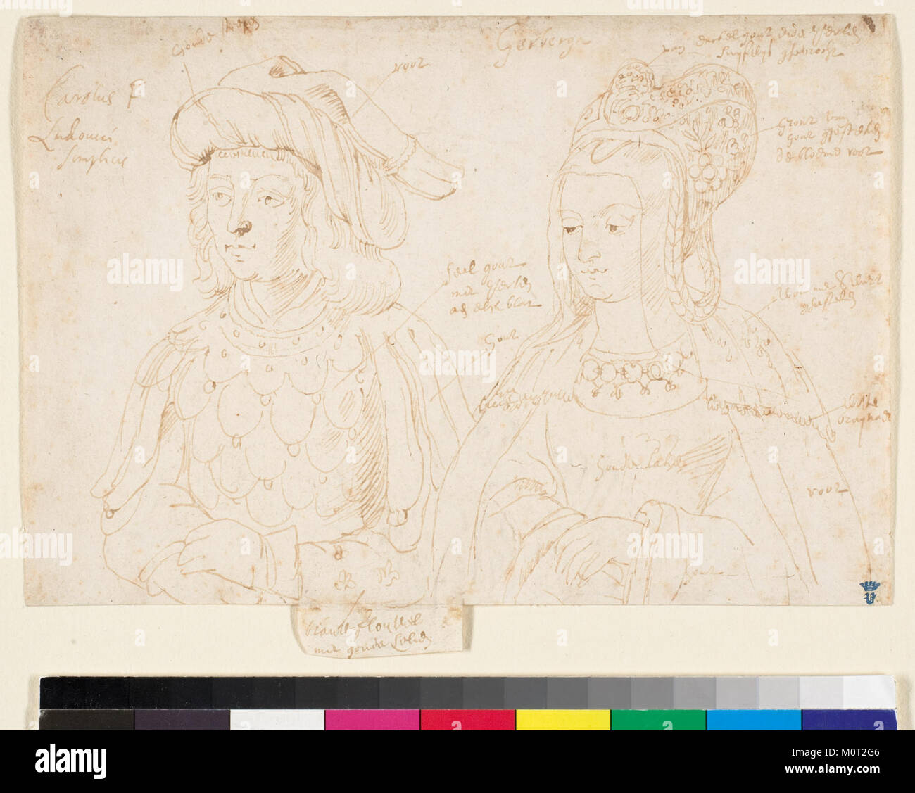 Dieses Porträt zeigt Carolus, Herzog von Lothringen, und seine Frau Gerberga. Das Gemälde spiegelt den mittelalterlichen Adel und die Rolle des Adels in der europäischen Feudalgesellschaft im 10. Jahrhundert wider. Stockfoto Dieses Porträt zeigt Carolus, Herzog von Lothringen, und seine Frau Gerberga. Das Gemälde spiegelt den mittelalterlichen Adel und die Rolle des Adels in der europäischen Feudalgesellschaft im 10. Jahrhundert wider. Stockfoto
