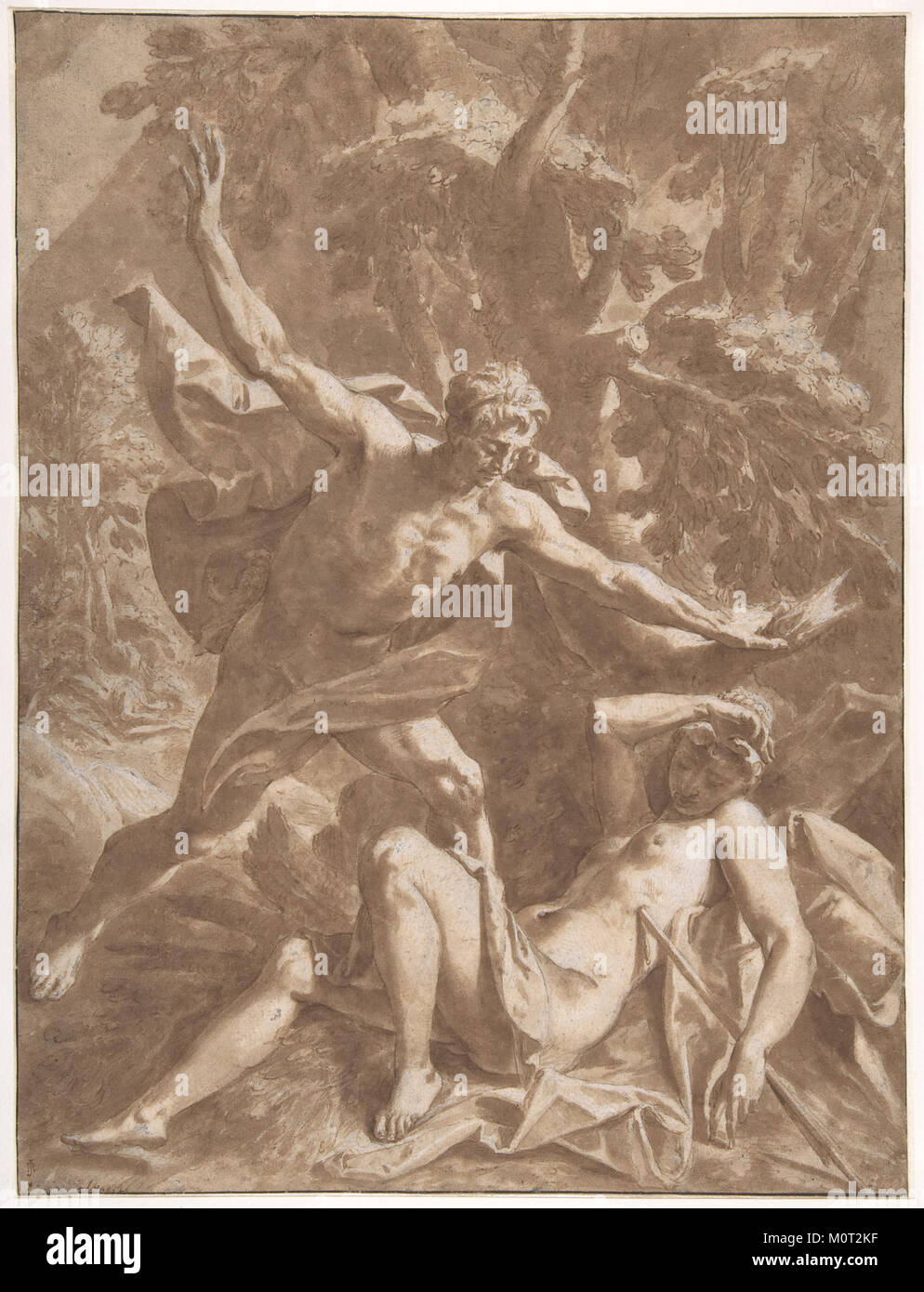 Dieses klassische Kunstwerk stellt die mythologische Geschichte von Cephalus und Procris dar, eine Geschichte über Liebe, Eifersucht und Tragödie aus der griechischen Mythologie. Das Bild zeigt ihre komplexe Beziehung, mit Cephalus, dem Jäger, und Procris, seiner Frau, tragischerweise getrennt durch Missverständnisse. Das Stück ist Teil der umfangreichen Sammlung antiker Kunst des Metropolitan Museums. Stockfoto