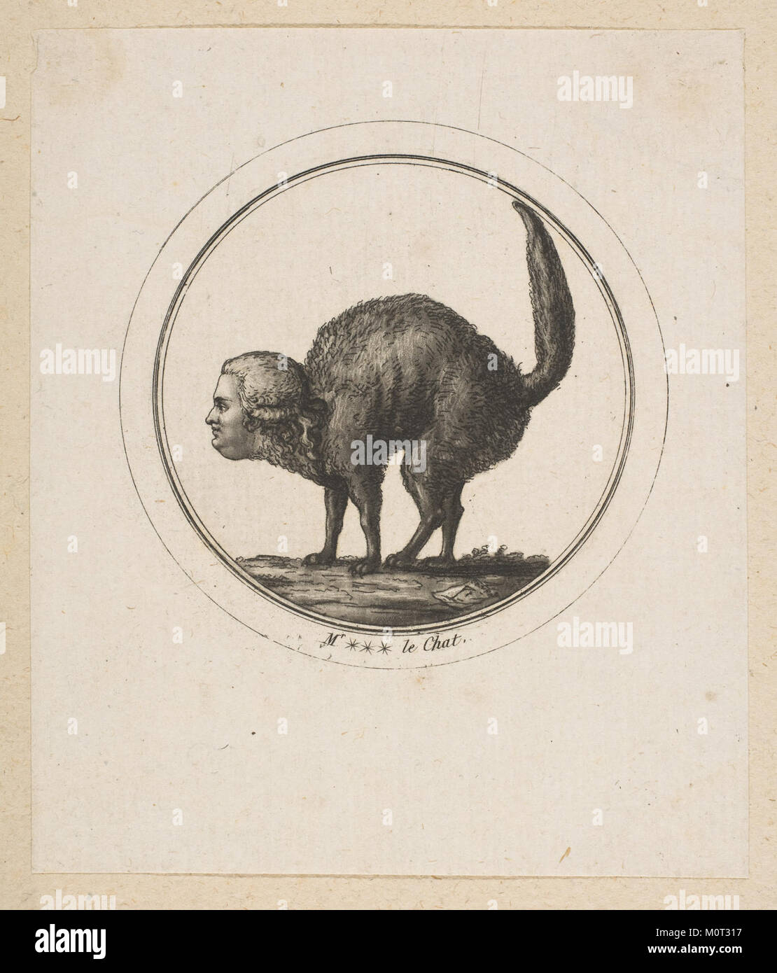 Diese Karikatur zeigt den Comte de Provence, später Ludwig XVIII. Von Frankreich, humorvoll als Katze dargestellt. Das Kunstwerk ist Teil der Sammlung des Metropolitan Museum of Art und spiegelt den europäischen satirischen Kunststil des 18. Jahrhunderts wider. Stockfoto