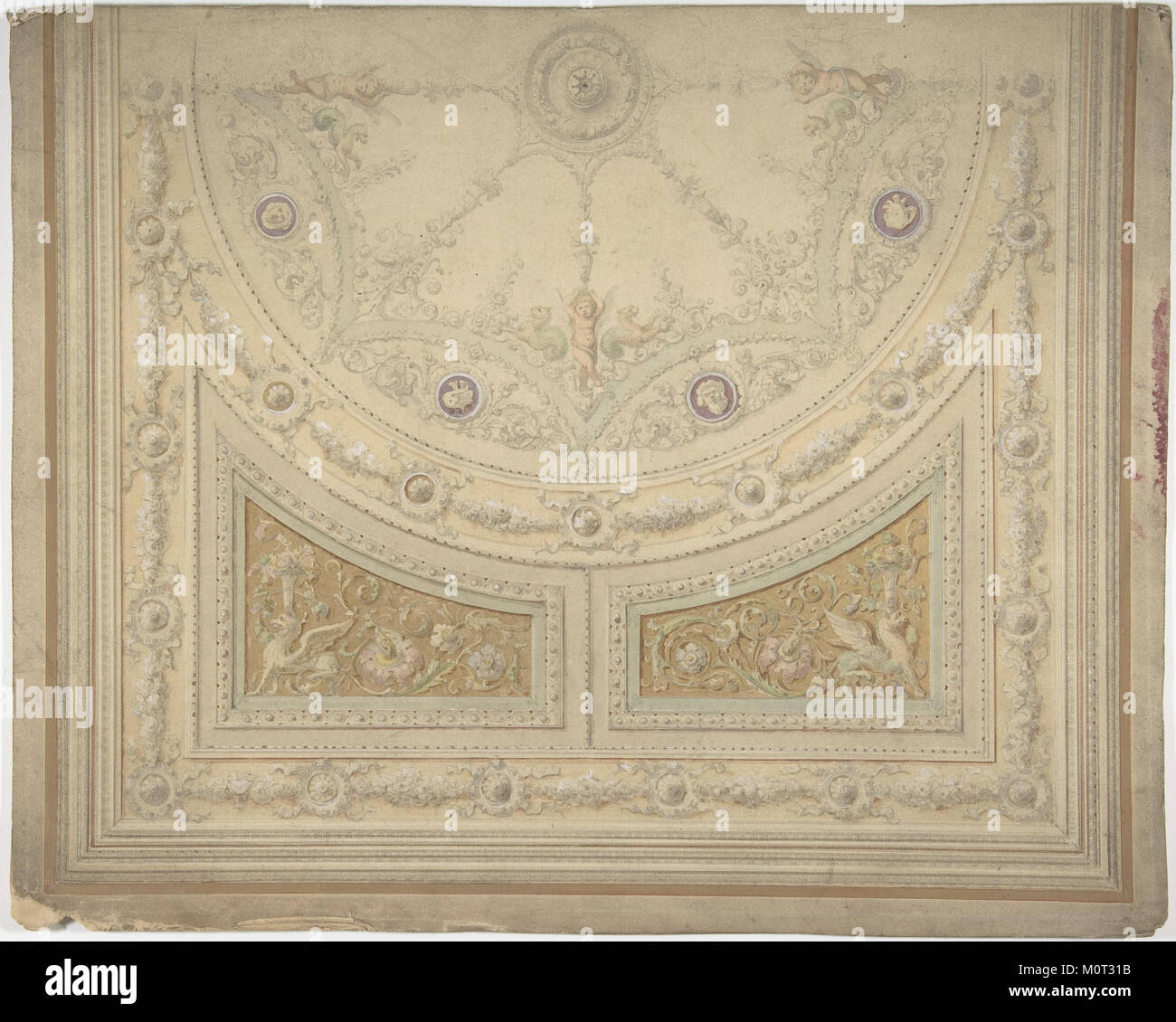 Dieses Deckendesign mit dem Titel „Half of a Circle“ von The MET (DP806291) zeigt eine einzigartige und künstlerische Herangehensweise an architektonische Ornamente. Sie hebt die geometrische Präzision und die Verwendung von Symmetrie in der Konstruktion hervor. Stockfoto