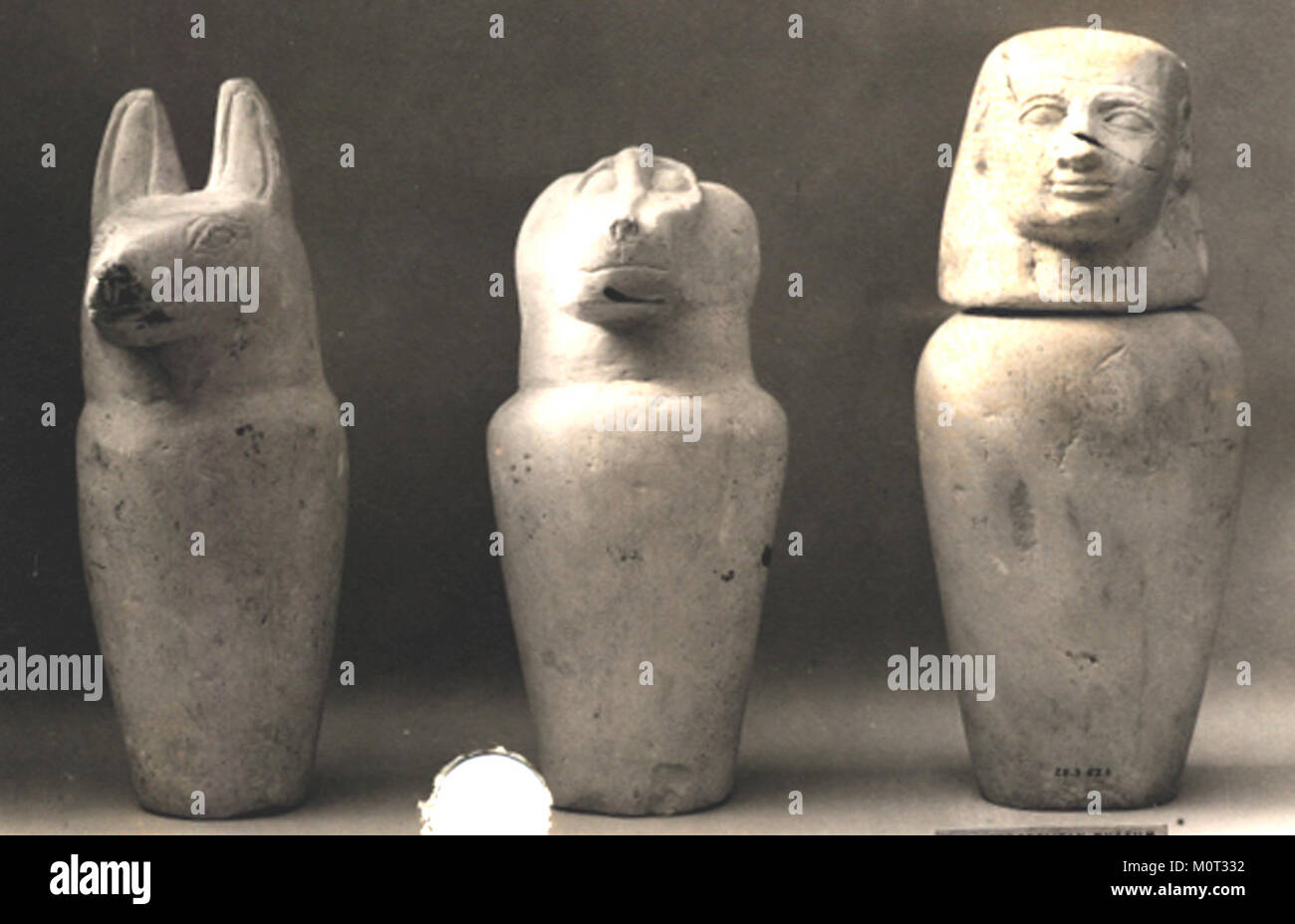 Das Kanopenglas, das sich in der Sammlung des Metropolitan Museum of Art (MET 28.3,60) befindet, ist ein altägyptisches Artefakt, das zur Aufbewahrung der inneren Organe des Verstorbenen im Jenseits verwendet wird. Es bietet detaillierte Handwerkskunst, die typisch für altägyptische Begräbnispraktiken ist. Stockfoto