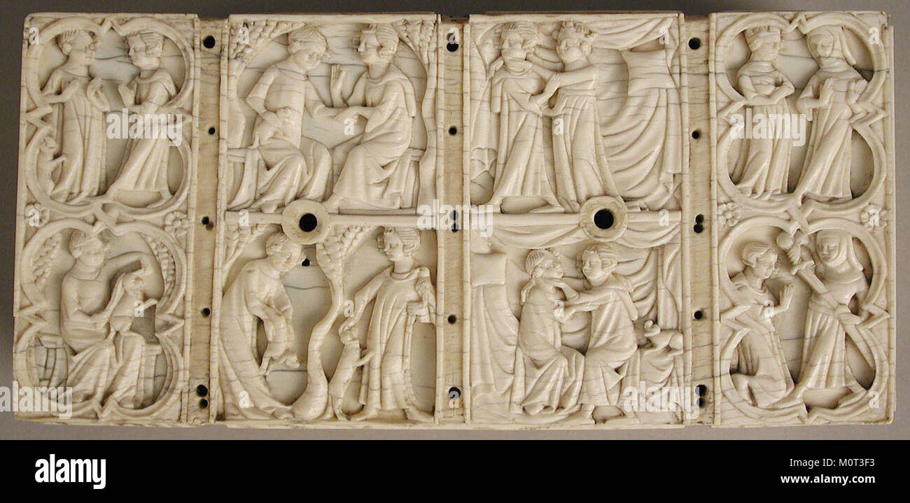 Diese Schatulle mit komplexen romantischen Szenen ist Teil der Sammlung des Metropolitan Museum of Art Das Kunstwerk ist ein wunderschönes Beispiel für romantische Geschichten durch Kunst mit detaillierten Gravuren. Stockfoto