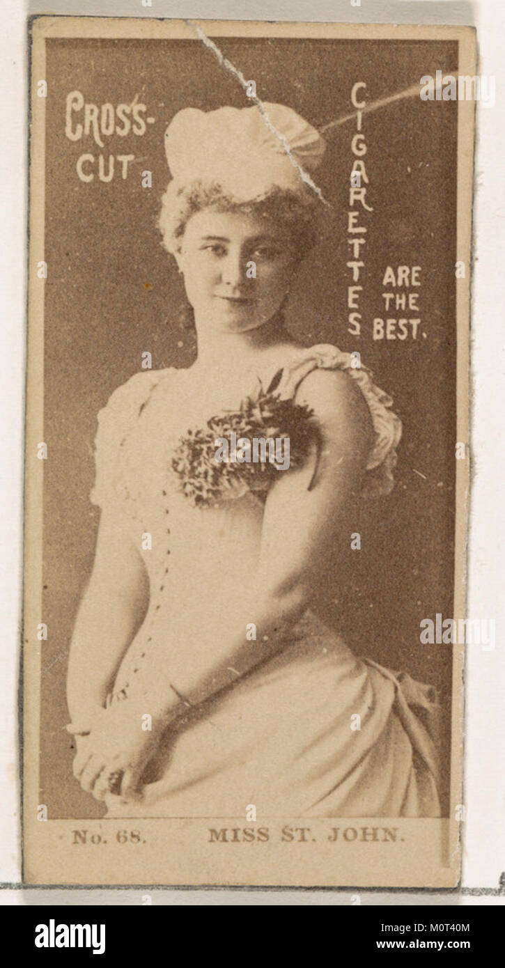 Eine Tabakkarte aus den 1880er Jahren mit Miss St. John, Teil der „Actors and Actress“-Serie (N145-2), herausgegeben von W. Duke, Sons & Co. Zur Förderung von Cross Cut Cigarettes. Das Albumenfoto misst 5/8 Ã – 7/16 Zoll. Stockfoto