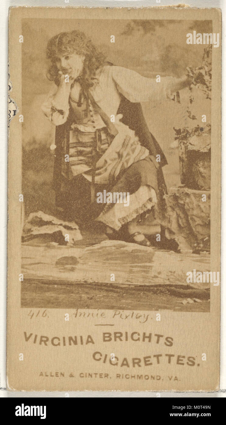 Card 416 zeigt Annie Pixley, eine prominente Figur aus der Schauspielerserie (N45, Typ 1), die Teil der Zigarettensammlung Virginia Brights ist. Die Karte ist ein Sammlerstück aus dem frühen 20. Jahrhundert und zeigt berühmte Schauspieler und Schauspielerinnen aus dieser Zeit. Es ist ein bedeutendes Stück für Sammler von Vintage-Zigarettenkarten und Erinnerungsstücken. Stockfoto