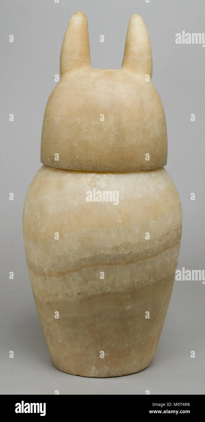Dieses Kanopengefäß aus dem alten Ägypten mit einem Schakalkopf-Deckel wurde zur Aufbewahrung innerer Organe während der Mumifikation verwendet. Der Schakal repräsentiert den Gott Anubis, der mit Einbalsamierung und dem Jenseits in Verbindung gebracht wird. Stockfoto