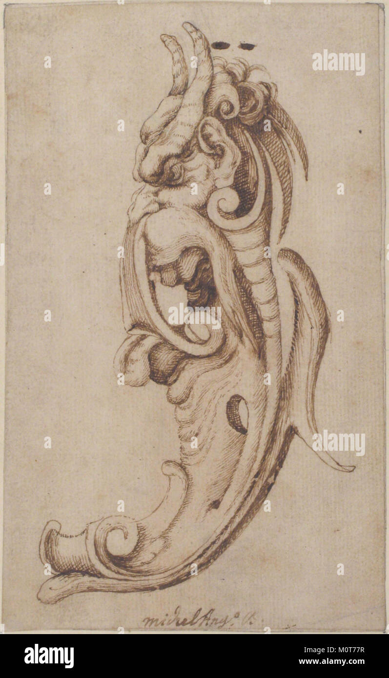 Diese altägyptische Kartusche zeigt den Kopf eines gehörnten Monsters in fast profilnaher Ansicht, eine Darstellung, die in der Kunst der Zeit gefunden wurde. Die Kartusche ist Teil einer größeren Kollektion im MET. Stockfoto