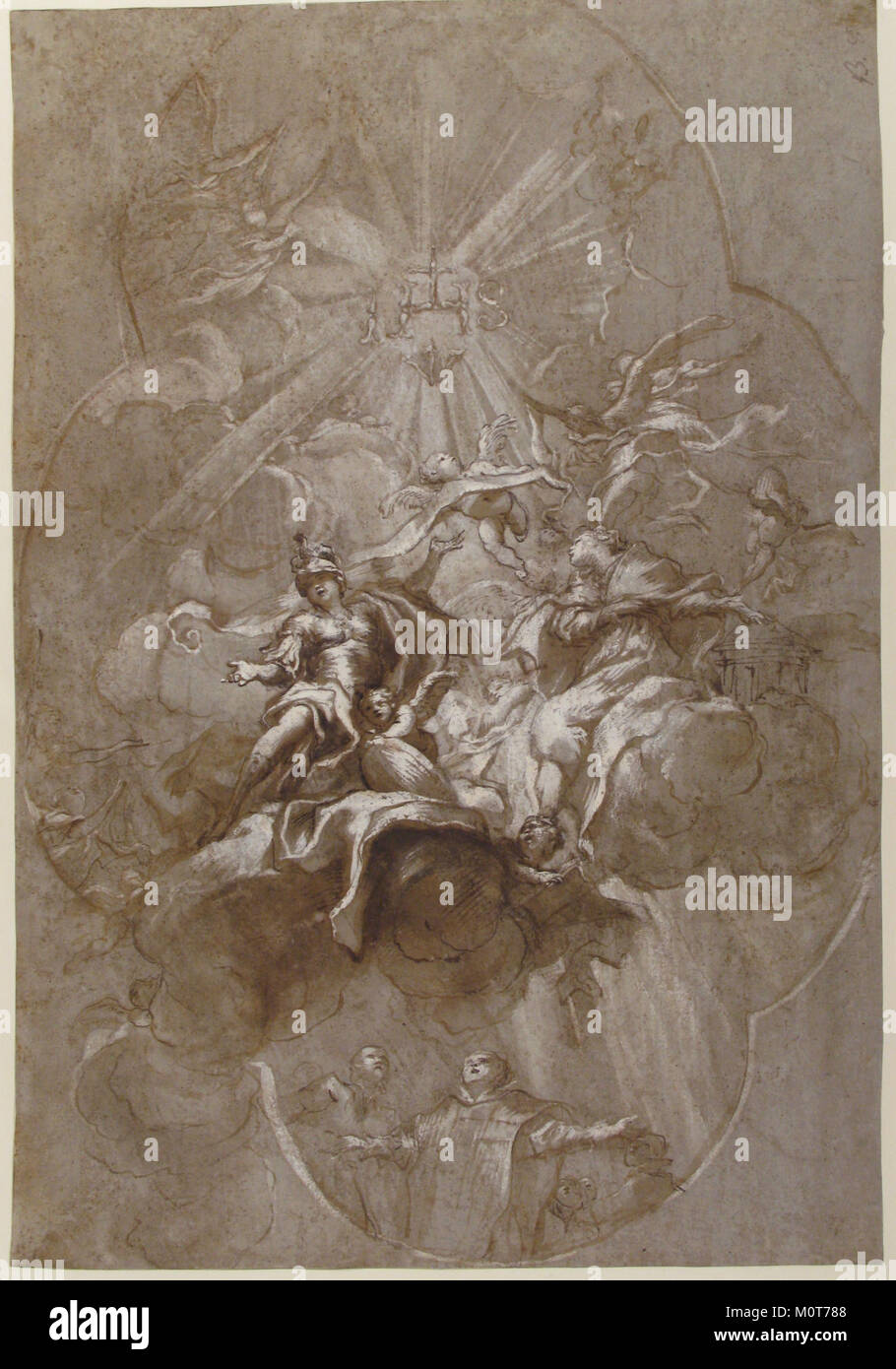 Dieses Kunstwerk zeigt ein Deckendesign mit der Verherrlichung des Namens Jesu, wobei die Rückseite die mythologische Szene von Aurora und Cephalus zeigt. Das Werk reflektiert religiöse und klassische Themen. Stockfoto