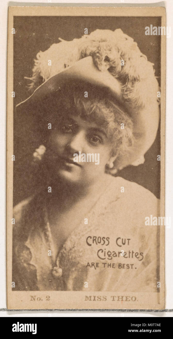 Diese Karte, Teil der Schauspieler- und Schauspielerserie, zeigt Miss Theo. Es wurde von Duke Sons & Co. Herausgegeben, um Cross Cut Zigaretten zu fördern, und ist ein Beispiel für Zigarettenwerbung aus dem frühen 20. Jahrhundert durch Sammlerkarten. Stockfoto
