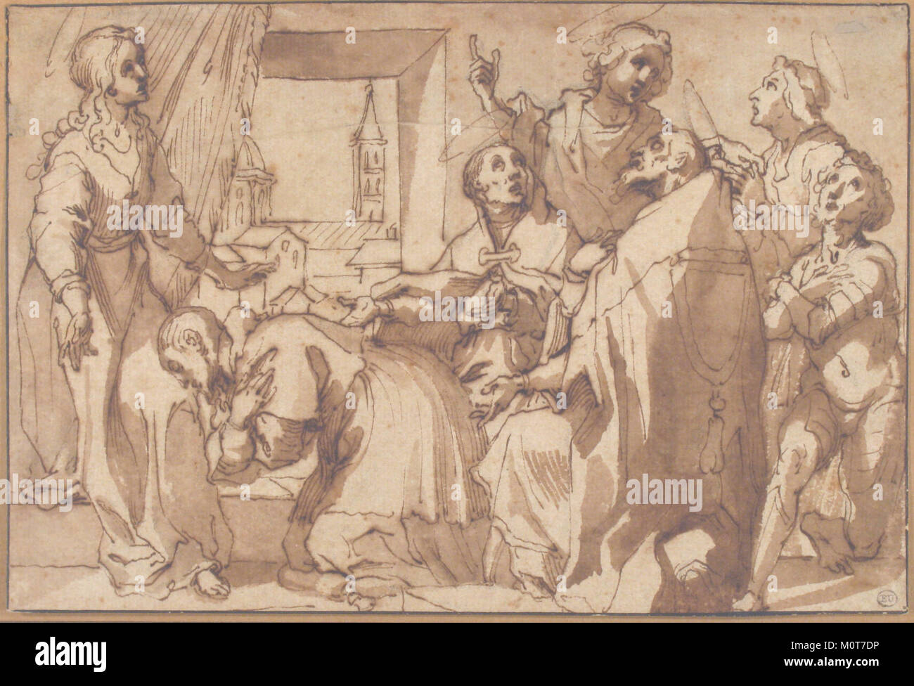 Ein religiöses Kunstwerk, das Kardinal Paolo Sfondrato zeigt, wie er vor der Heiligen Cecilia kniet, begleitet von anderen Heiligen, aus der MET-Sammlung. Stockfoto