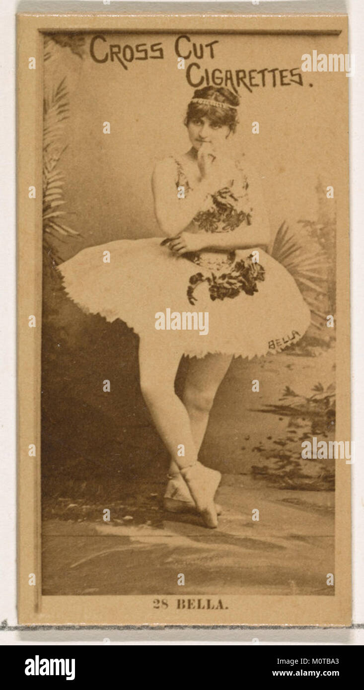 Die Karte Nr. 28 mit dem Titel „Bella“ aus der Actors and Actress Series (N145-2) wurde von Duke Sons & Co. Im Rahmen einer Werbekampagne für Cross Cut Cigarettes herausgegeben. Stockfoto
