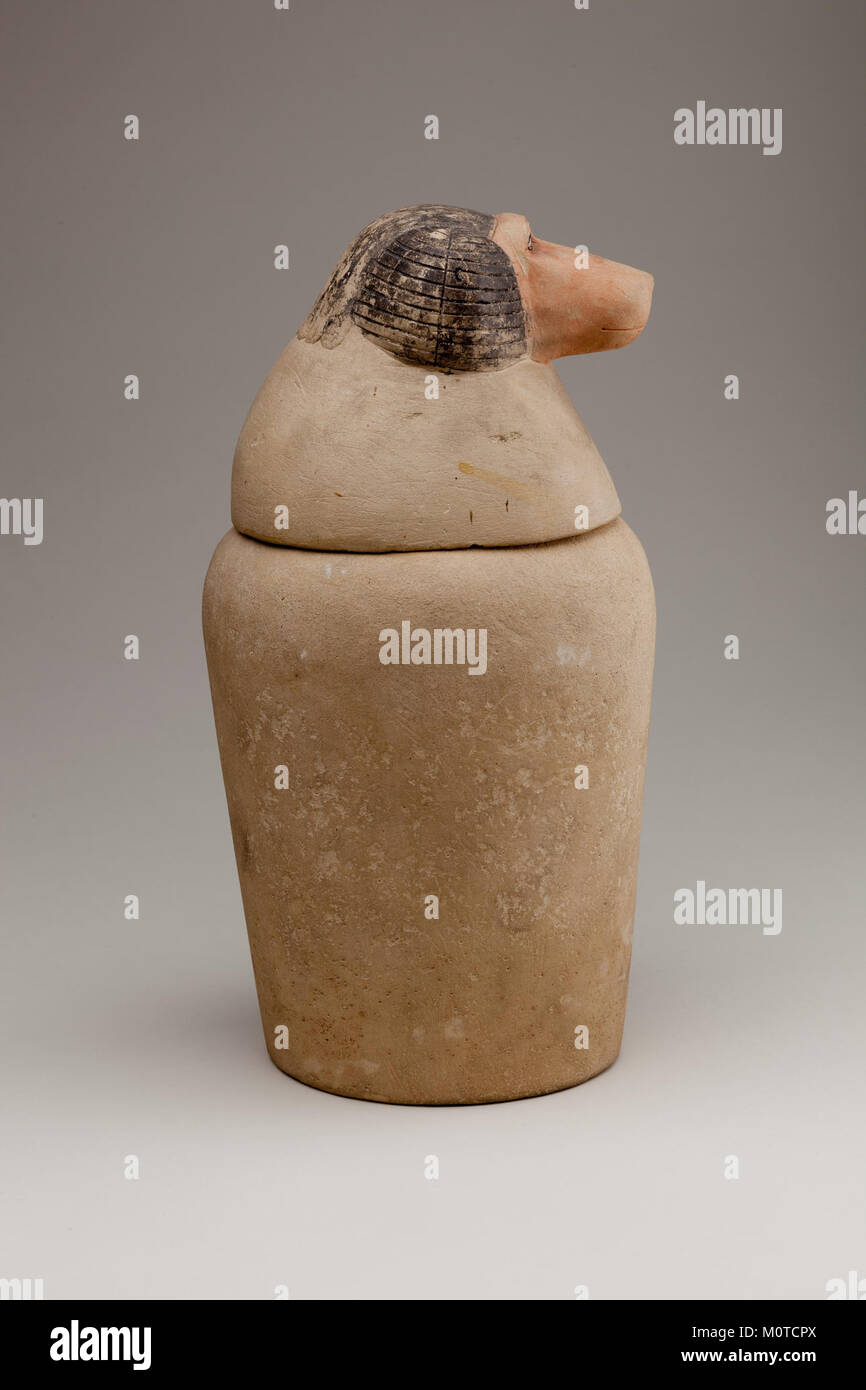 Dieses Kanopenglas, das die ägyptische Gottheit Hapy repräsentiert, ist Teil der MET-Kollektion. Es handelt sich um ein Artefakt aus dem alten Ägypten, das die inneren Organe des Verstorbenen während der Mumifizierung halten soll. Stockfoto