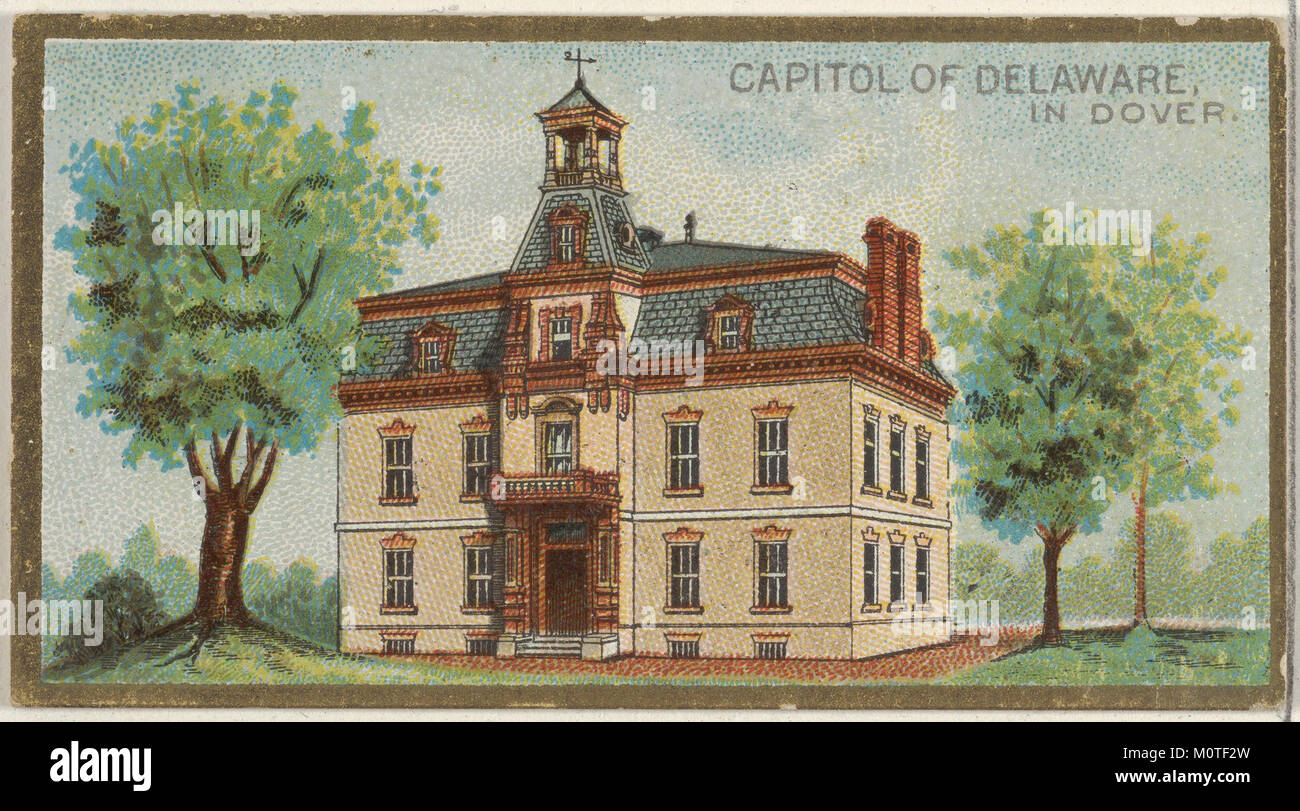 Dieses Bild zeigt das Capitol von Delaware in Dover, Teil der Serie General Government and State Capitol Buildings für Allen & Ginter Cigarettes Brands. Es repräsentiert die historische und architektonische Bedeutung von Regierungsgebäuden in den Vereinigten Staaten. Stockfoto