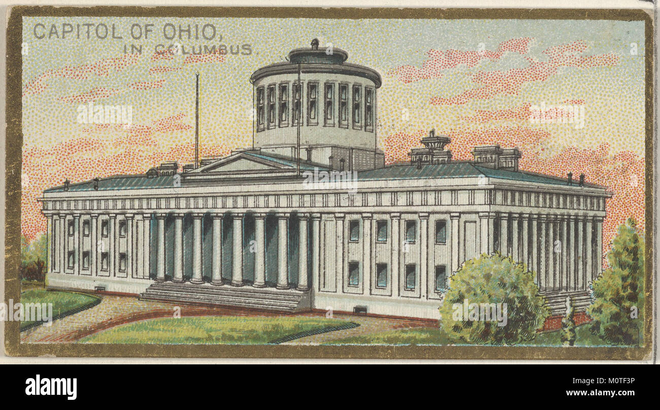 Dieses Bild zeigt das Kapitol von Ohio in Columbus, aufgenommen in der Serie Allen & Ginter Cigarettes Brands. Es zeigt die markante Architektur des Kapitolgebäudes und hebt seine historische und bürgerliche Bedeutung hervor. Stockfoto