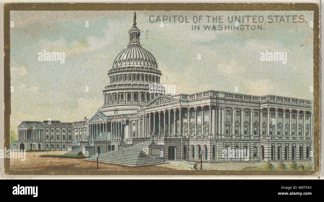 Dieses Bild des Kapitols der Vereinigten Staaten ist Teil der Serie Allen & Ginter Cigarettes Brands, die Regierungsgebäude in Washington, D.C. zeigt. Es ist eine historische Darstellung des ikonischen Kapitols. Stockfoto