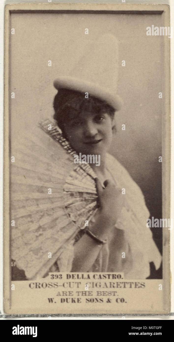 Diese Karte zeigt Della Castro, eine Schauspielerin aus dem frühen 20. Jahrhundert, die Teil der Schauspieler- und Schauspielerserie von Duke Sons & Co. Ist, die zur Förderung von Cross Cut Zigaretten herausgegeben wurde. Die Sammelkarte ist ein Stück Vintage-Werbung und Erinnerungsstücke. Stockfoto