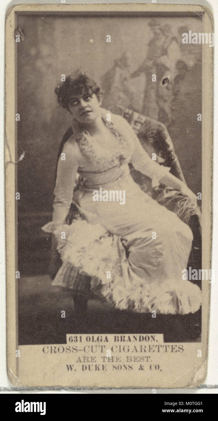 Karte Nummer 631 zeigt Olga Brandon aus der Actors and Actress Serie, die von Duke Sons & Co. Als Teil einer Werbekampagne für Cross Cut Zigaretten herausgegeben wurde. Die Karte ist ein Sammlerstück aus dem frühen 20. Jahrhundert. Stockfoto