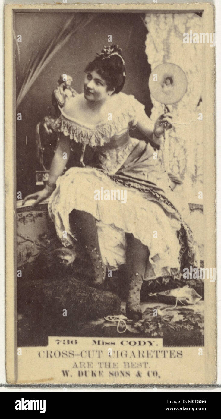 Eine Werbekarte aus den 1880er Jahren mit Miss Cody, Teil der „Actors and Actress“-Serie (N145-3) von W. Duke, Sons & Co. Zur Werbung für Cross Cut Zigaretten. Stockfoto