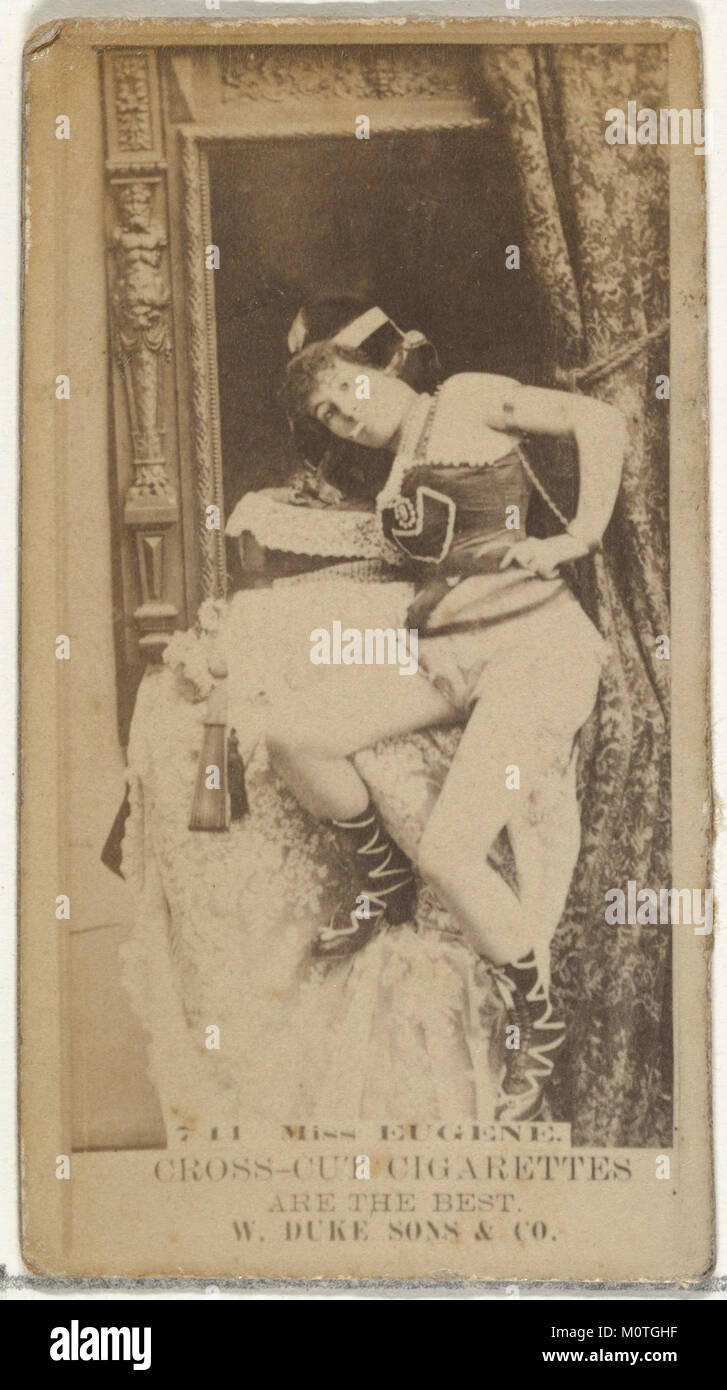 Eine Handelskarte mit Miss Eugene aus der Serie „Actors and Actress“ von Duke Sons & Co., die Cross Cut Cigarettes fördert. Stockfoto
