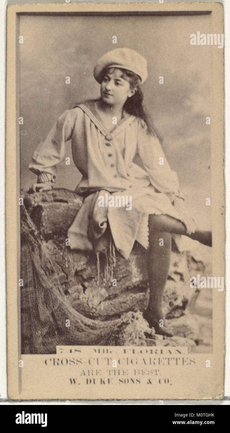 Diese 1880er-Handelskarte zeigt „Miss Florian“ aus der „Actors and Actress“-Serie (N145-3), die von W. Duke, Sons & Co. Herausgegeben wurde, um Cross Cut Cigarettes zu bewerben. Das Albumenfoto misst 11/16 x 3/8 Zoll. Stockfoto