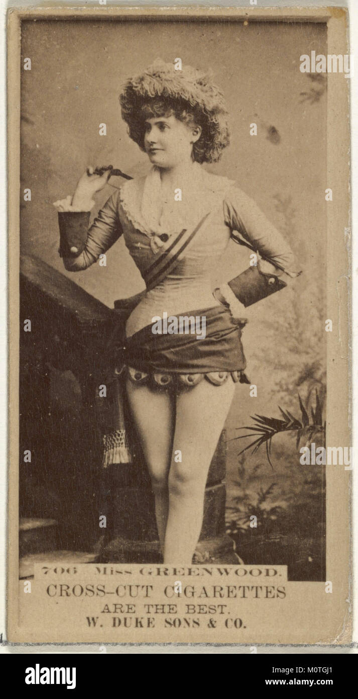 Karte mit Miss Greenwood aus der Actors and Actress Series (N145-3), herausgegeben von Duke Sons & Co., Teil eines Sets für Cross Cut Cigarettes. Diese Sammlerkarte zeigt Vintage Hollywood-Erinnerungsstücke. Stockfoto
