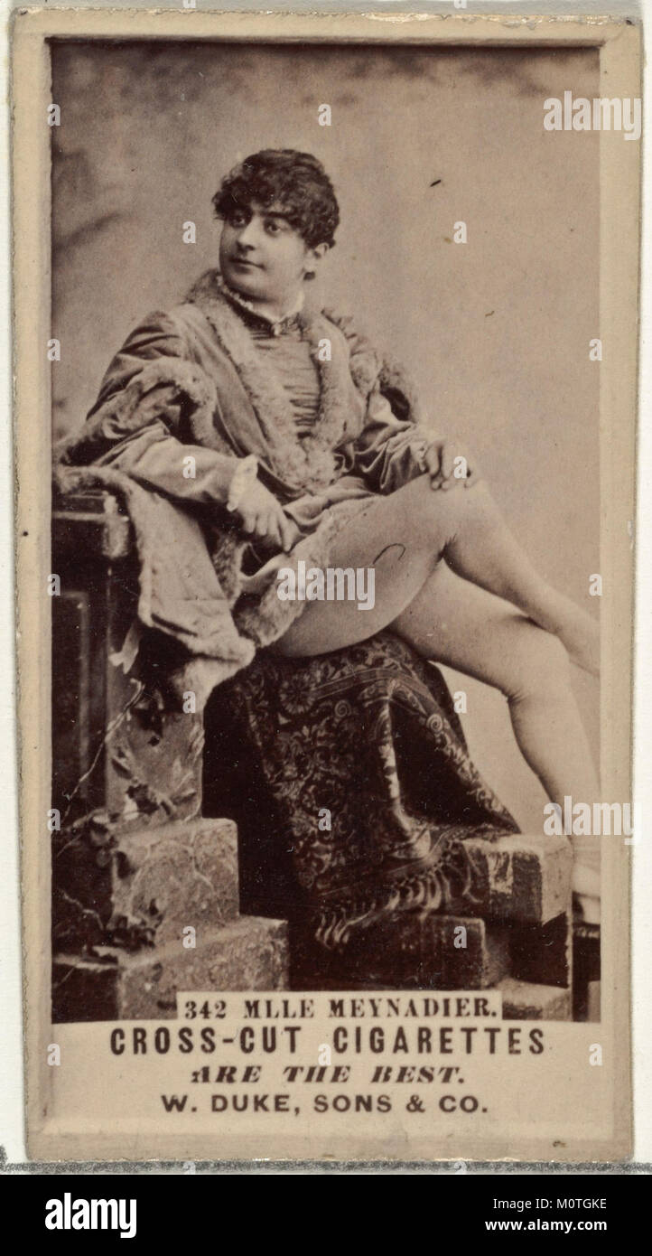 Diese Karte, nummeriert 342, trägt Mlle. Meynadier aus der Serie Schauspieler und Schauspielerinnen von Duke Sons & Co. Sie wurde im frühen 20. Jahrhundert zur Förderung von Cross Cut Zigaretten herausgegeben. Stockfoto