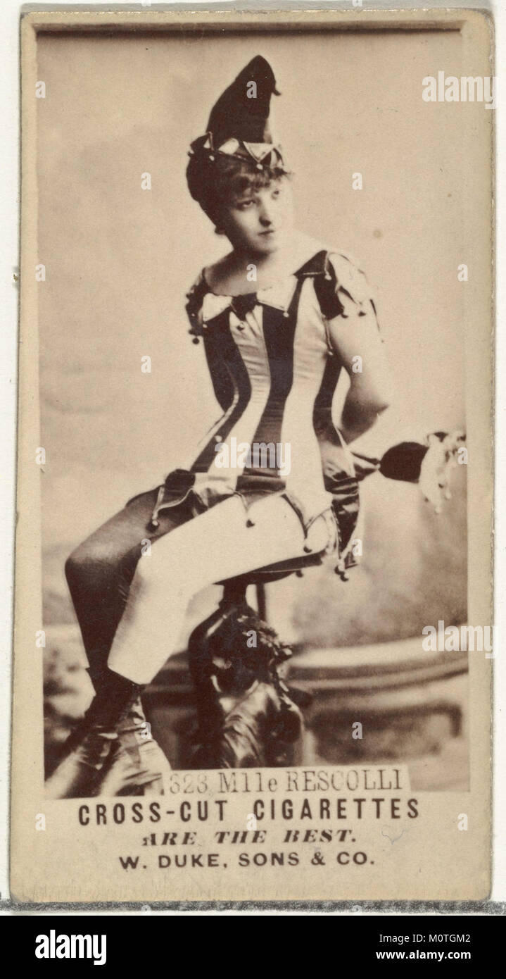 Auf dieser Karte steht Mlle. Rescolli, eine Schauspielerin, aus der Serie „Actors and Actresses“, herausgegeben von Duke Sons & Co. Zur Förderung von Cross Cut Zigaretten. Die Karte ist Teil einer Sammlerserie aus dem späten 19. Jahrhundert. Stockfoto