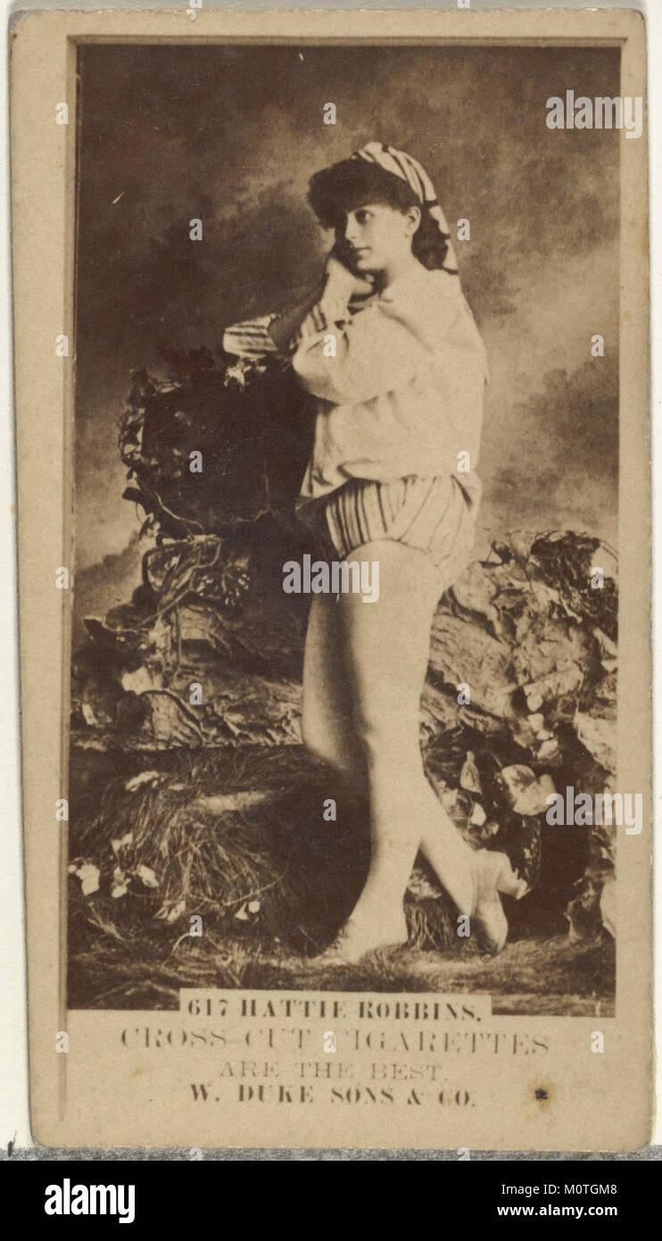 Diese Karte aus der Actors and Actress Serie zeigt Hattie Robins und wurde Anfang des 20. Jahrhunderts von Duke Sons & Co. Herausgegeben, um Cross Cut Zigaretten zu fördern. Stockfoto